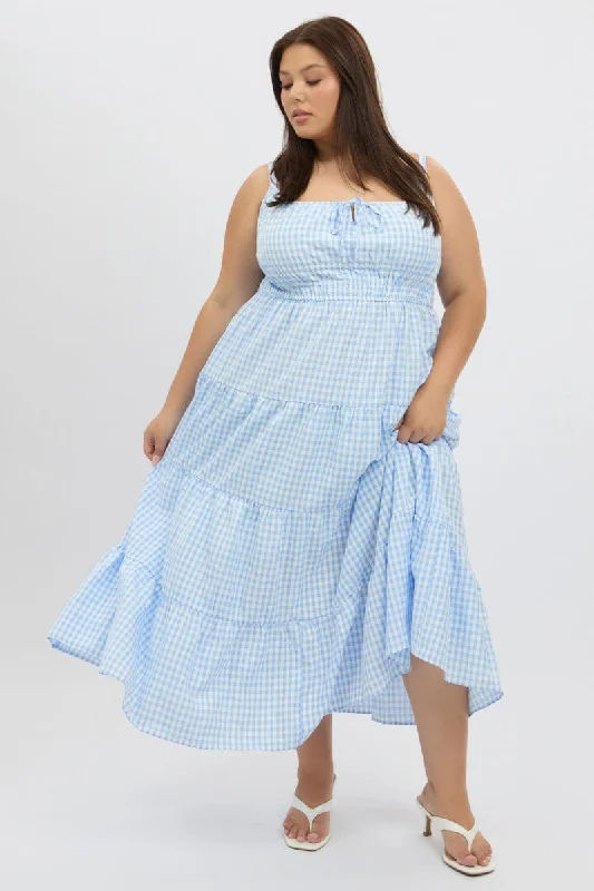 Browse Our Top Products Blue Check Midi Dress Sleeveless Tiered