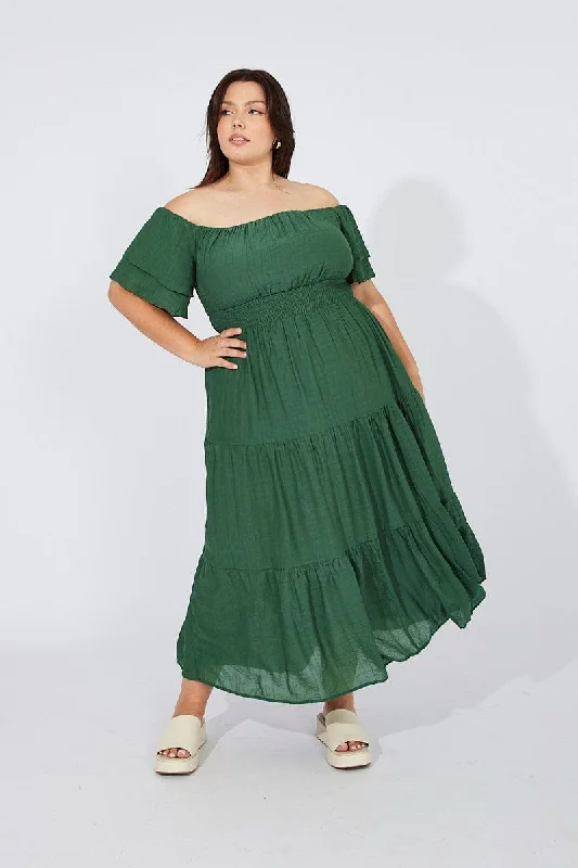 From Casual To Classy Green Off Shoulder Layer Midi Dress