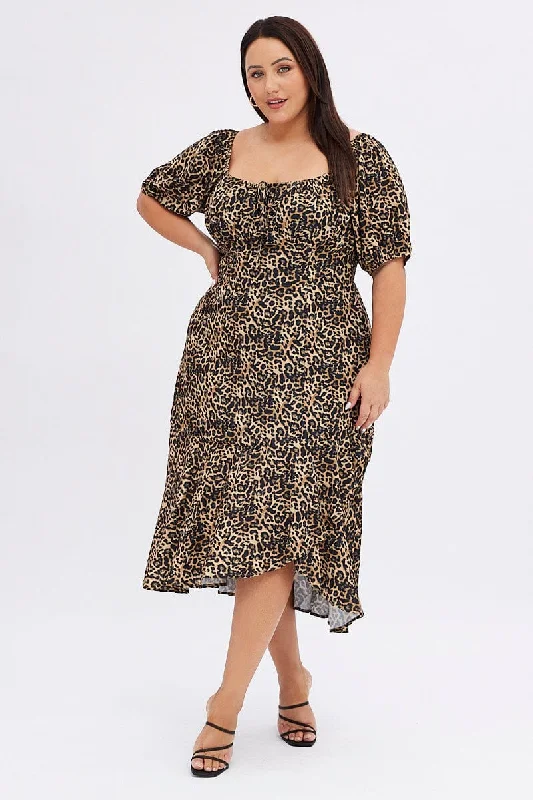 Latest Fashion Brown Animal Print Midi Dress Short Sleeve Gathered Bust