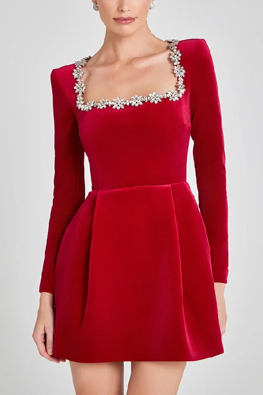 Daily Deals Endless Celebration Velvet Jewel Embellished Trim Long Sleeve Pocketed Mini Dress