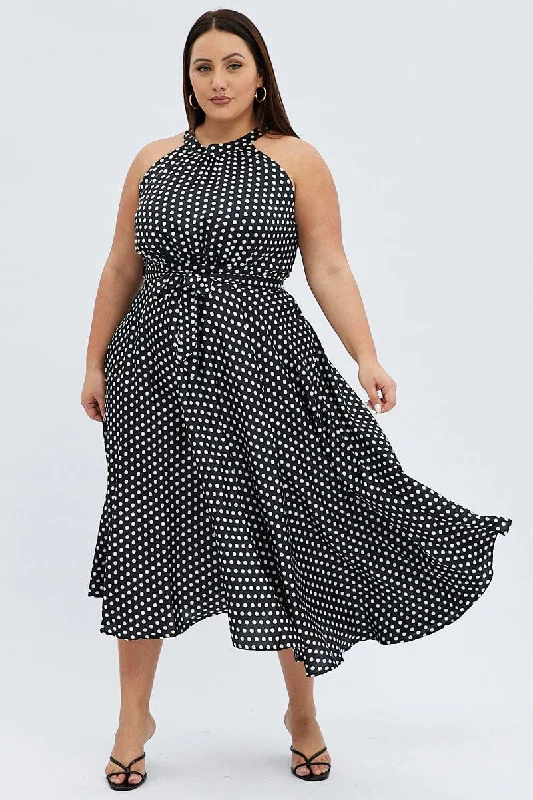 Earthy Tones Black Polka Dot Midi Dress Sleeveless High Neck Satin