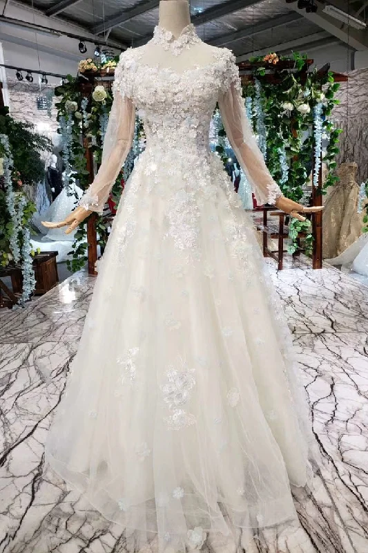 Casual Fashion A Line High Neck Wedding Dresses with Flowers Long Sleeves Bridal Dresses N1650