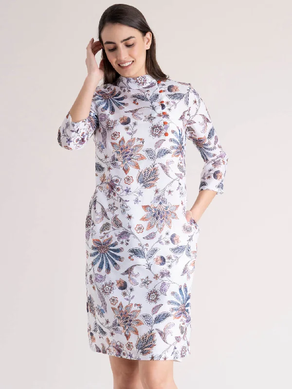 Vibrant Femme Fashion Mandarin Collar Floral Shift Dress