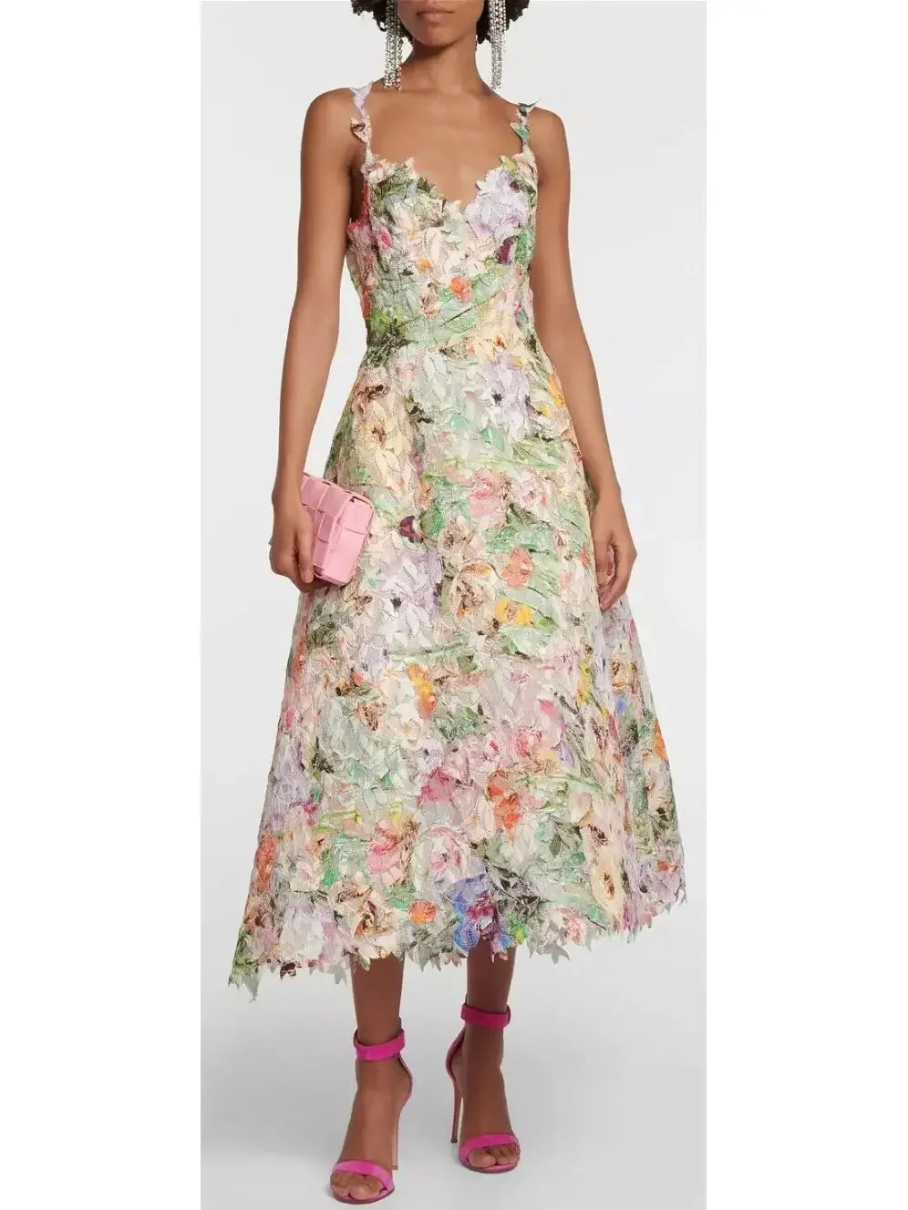 Bold Fashion Floral Lace Multicolor Midi Dress