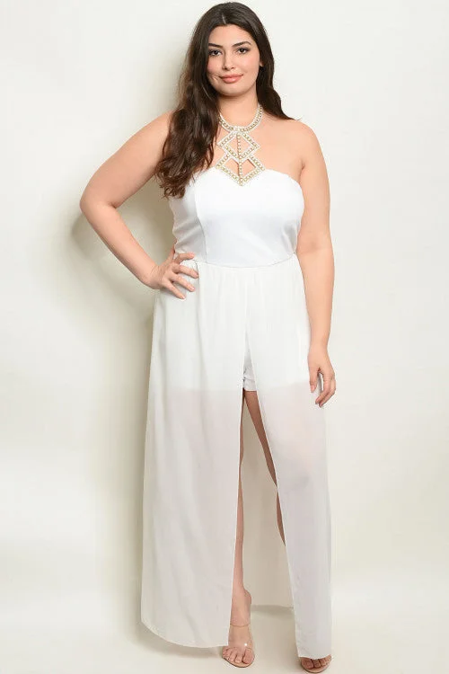 Trendsetter's Closet White Jeweled Neckline Plus Size Romper Maxi Dress