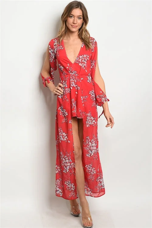 Chic Trends Unveiled Red Floral Slit Sleeve Maxi Dress Romper