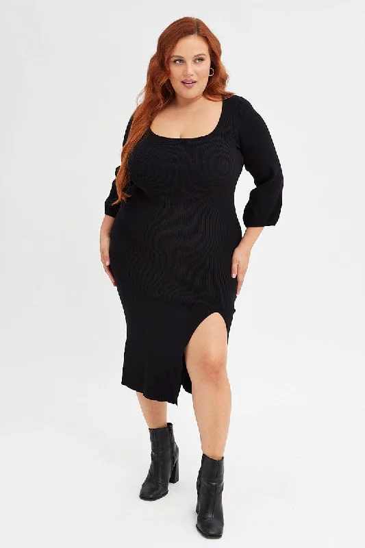 Cutting Edge Fashion Black Midi Dress Long Balloon Sleeve Sexy Split Knit