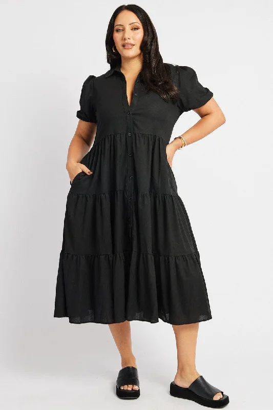 Boutique Styles Black Midi Dress Short Sleeve Shirt