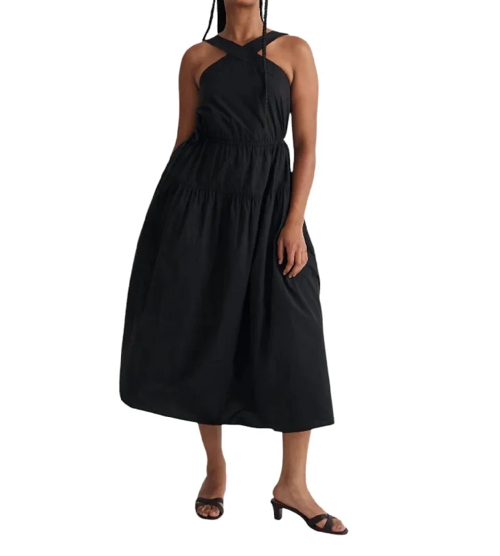 Bold Fashion Poplin Halter Tiered Midi Dress In Black