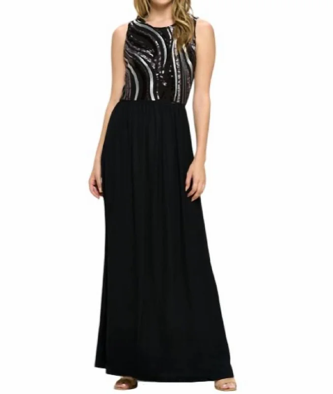 Laid-Back Elegance Pattern Sequin Top Maxi Dress In Black/silver