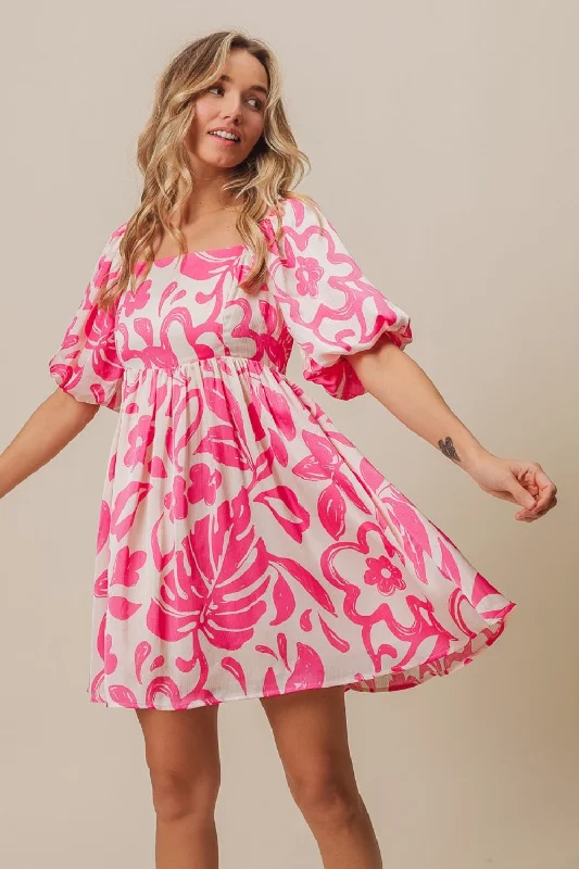 Mega Sale BiBi Tropical Floral Pattern Puff Sleeve Square Neck Dress