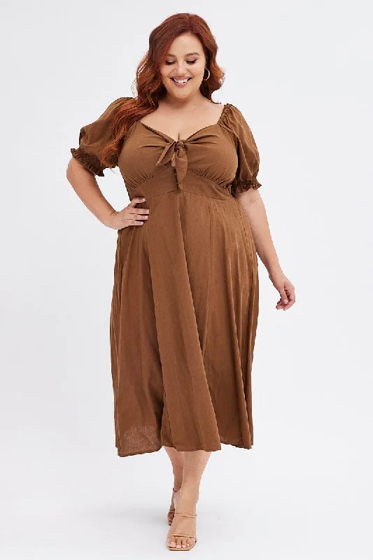 Bold Fashion Brown Tie Front Button Midi Dress