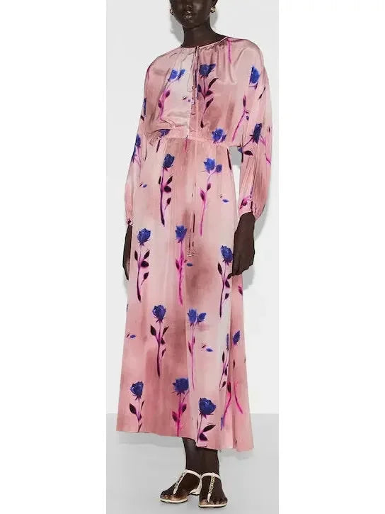 Trendy Street Style Attire Floral Print Pink Silk Crêpe De Chine Dress