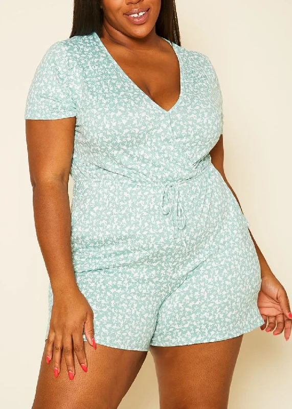 Elegant Styles HI Curvy Plus Size Women  Floral Print Romper With Pockets