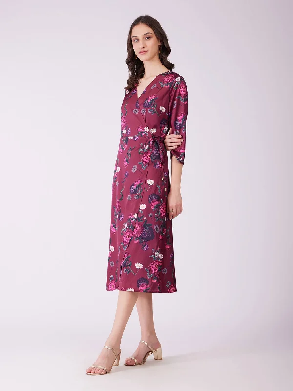 Woman Clothing Stretch Satin Floral Wrap Dress - Plum