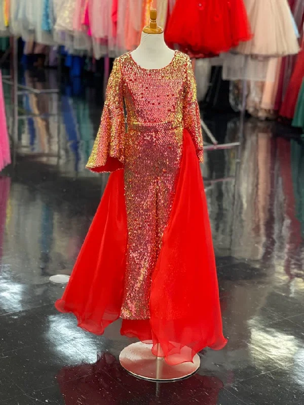 Sale For Women Marc Defang 8004k Size 4 Kids Red Sequin Jumpsuit Bell Sleeve Pageant Overskirt Fun Fashion