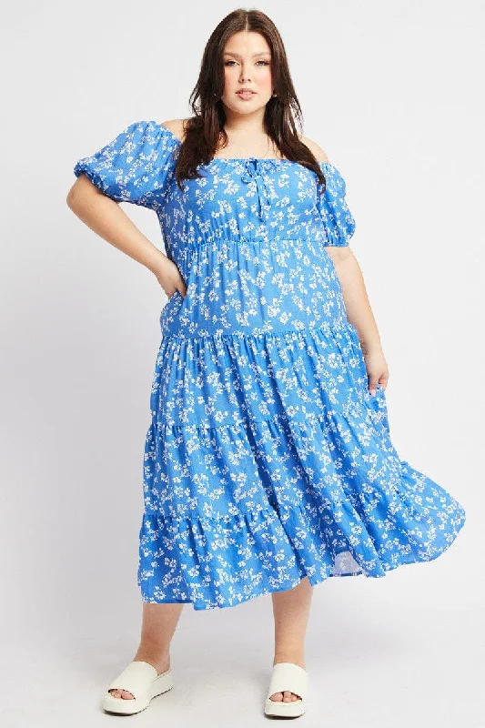 Essentials On Sale Blue Ditsy Midi Dress Short Sleeve Tiered