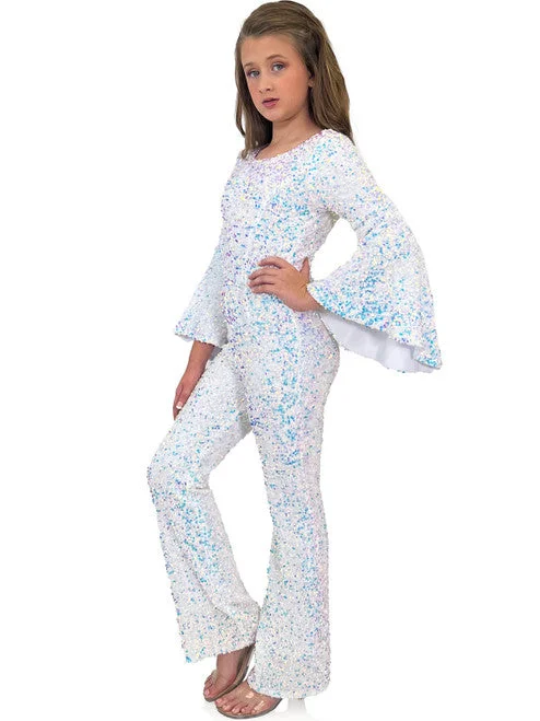 Best Boutiques Online Marc Defang 8225K Size 16 White Girls Velvet Sequin Pageant Jumpsuit Long Bell Sleeve Fun Fashion