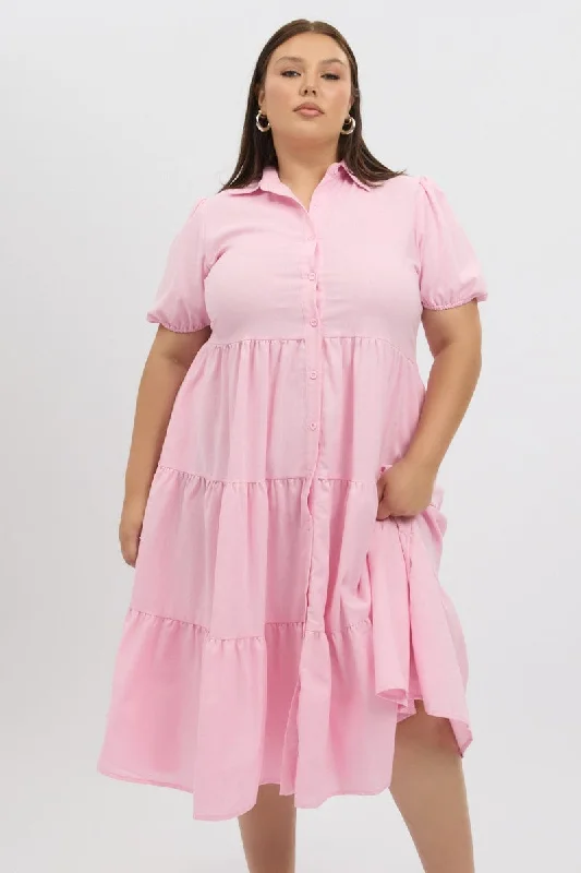 New Styles Just In Pink Midi Dress Short Sleeve Shirt