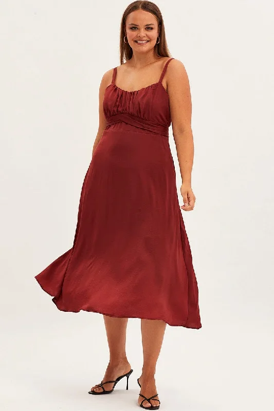 Get The Latest Trends Red Midi Dress Shoestring Strap Tie Back Satin