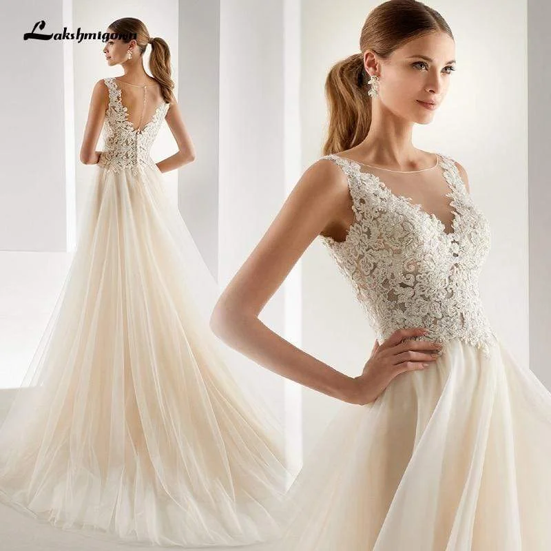 High End Fashion Roycebridal Elegant A-line Champagne Wedding Dresses Mariage Appliques