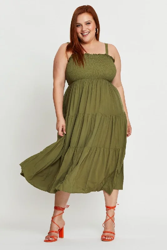 Preppy Style Green Midi Dress Square Neck Sleeveless