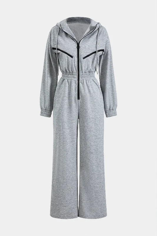 Boutique Dress Online Hooded Patchwork Zipper Long Sleeve Jumpsuit