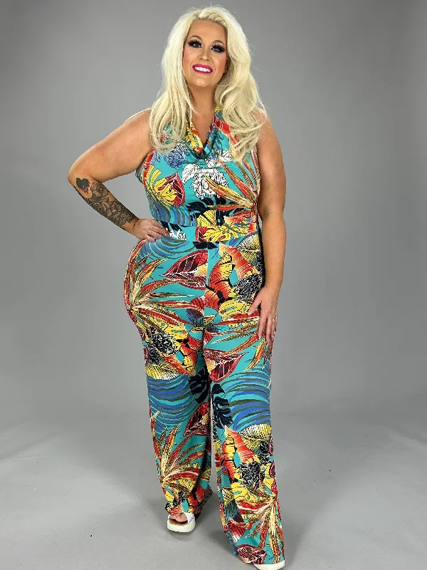 Comfort Meets Fashion LD-N {Lovely Babe} Tropical Print Halter Jumpsuit PLUS SIZE XL 2X 3X