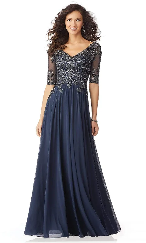 Trendy Street Style Attire MGNY By Mori Lee - 71805 Embroidered V-neck A-line Gown