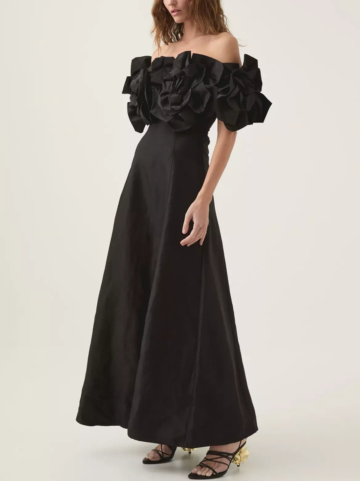 Season Offer 3D Floral-Appliques Off-Shoulder Gown in Black