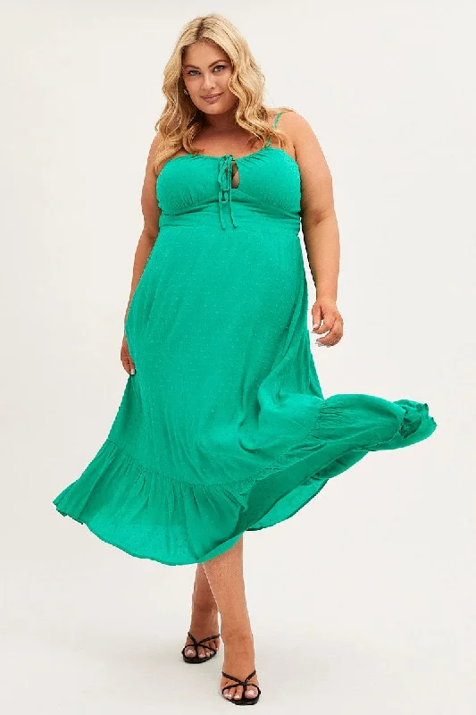 Sustainable Fashion Extravaganza Green Midi Dress Shoestring Strap Gather Bust Frill Hem