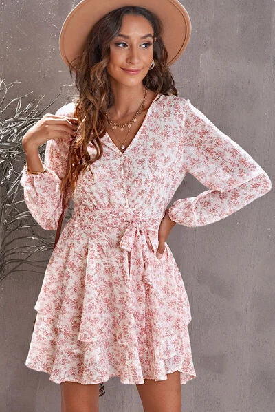 Bold Fashion Floral Surplice Balloon Sleeve Layered Dress