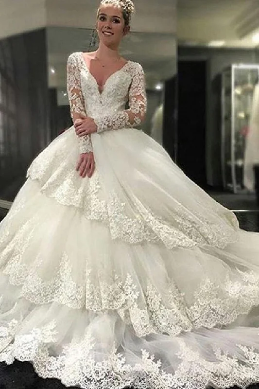 Crazy Discounts, Hurry Up Ivory Deep V-Neck Long Sleeves Lace Appliques Chapel Train Tiered Wedding Dresses N2083