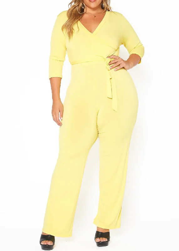 Wardrobe Refresh Plus Size 3/4 Sleeves Fancy knit Waist tie Jumpsuit