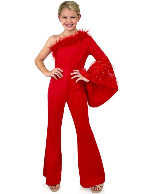 Clothing Woman Marc Defang 8222K Size 4 Red Girls Pageant Jumpsuit Feather One Shoulder Long Bell Sleeve Formal Wear Scuba