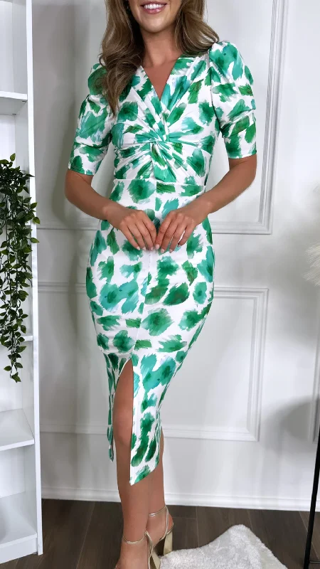 Crazy Discounts, Hurry Up Robyn Green Printed Knot Detail Midi Dress