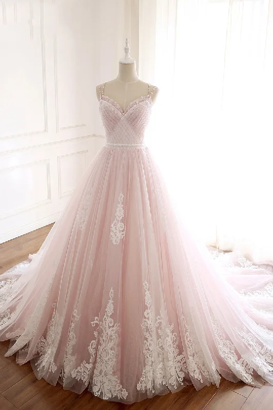 Women Clothes Pink Straps Tulle Prom Dresses with Lace Appliques A-Line Formal Dresses N1488