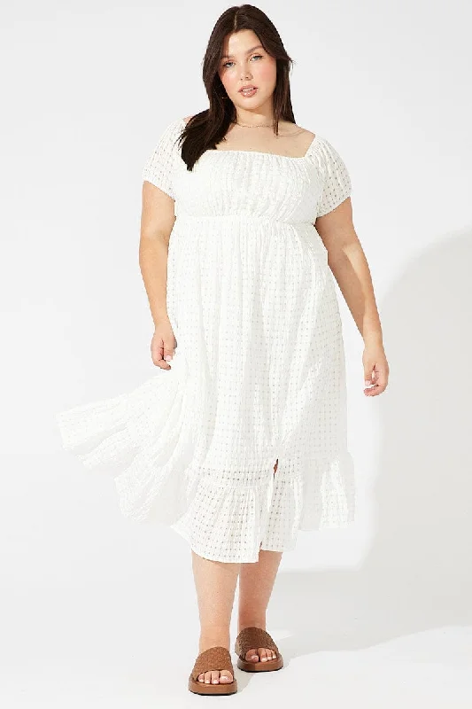 New Season Fashion Preview Sale White Midi Dress Off Shoulder Check Split Front