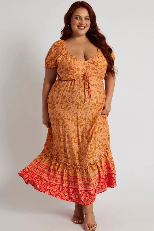 Fashion For Every Occasion Orange Boho Puff Sleeve Boho Printed Maxi Dress High Low Hem