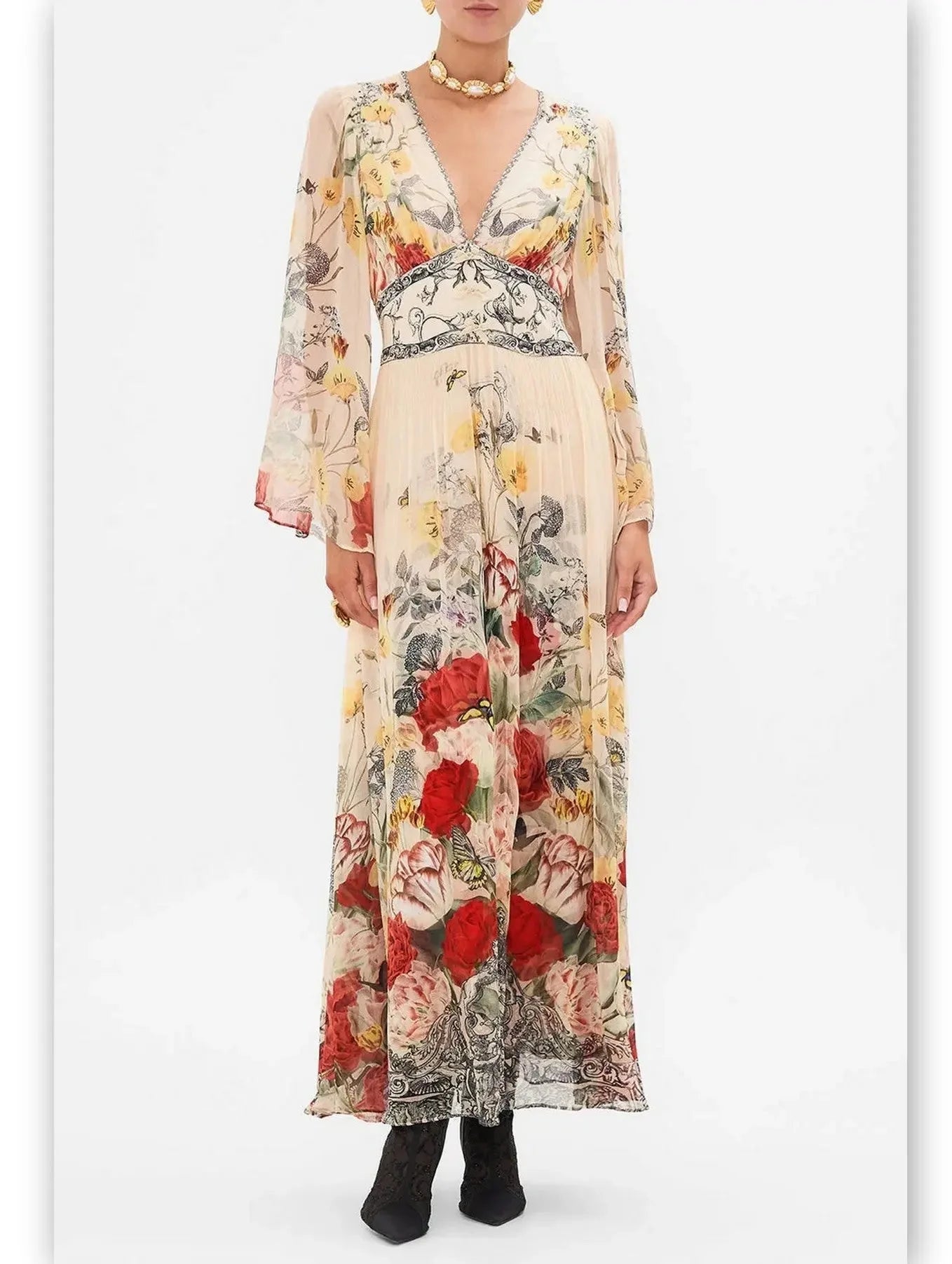 Dive Into Trendy Styles Floral-Print Long Flared Maxi Dress with Plunge V-Neck