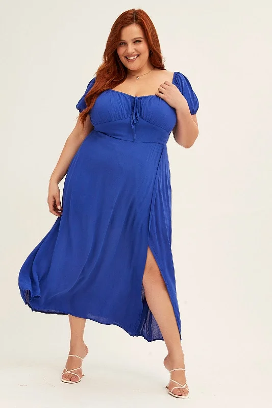 Trendy Street Style Clothing Azure Midi Dress Puff Sleeve With Split Crinkle Rayon