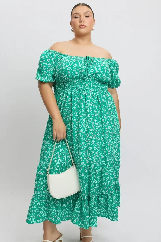 Unbeatable Prices Green Ditsy Midi Dress Short Sleeve Ruched Bust