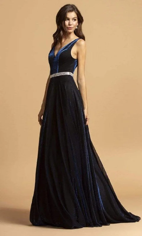 Online Boutiques Best Trevi Collection - D320 V Neck Embellished Velvet A-Line Gown