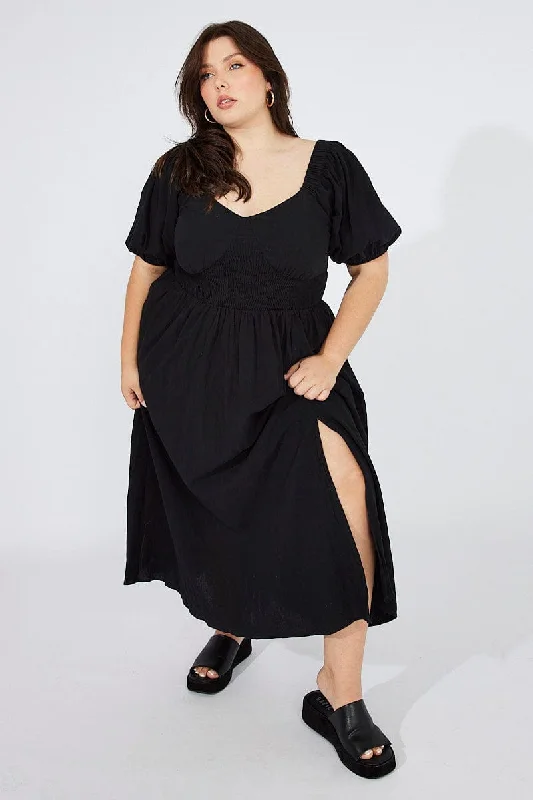 Step Ahead, Lead The Trend Black Midi Dress Puff Sleeve Front Split