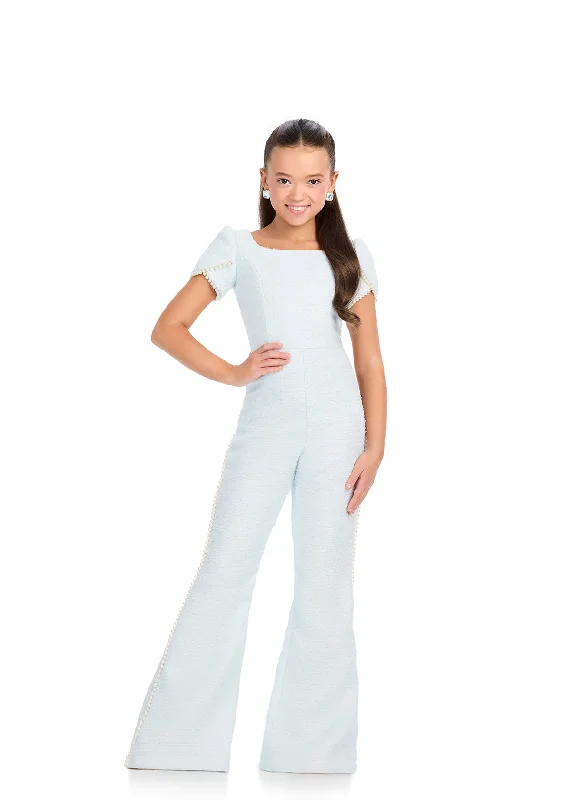 Colorful Clothing Ashley Lauren Kids 8309 Size 12 Sky Tweed Pageant Jumpsuit Pearl Puff Sleeve Girls Interview Appearance