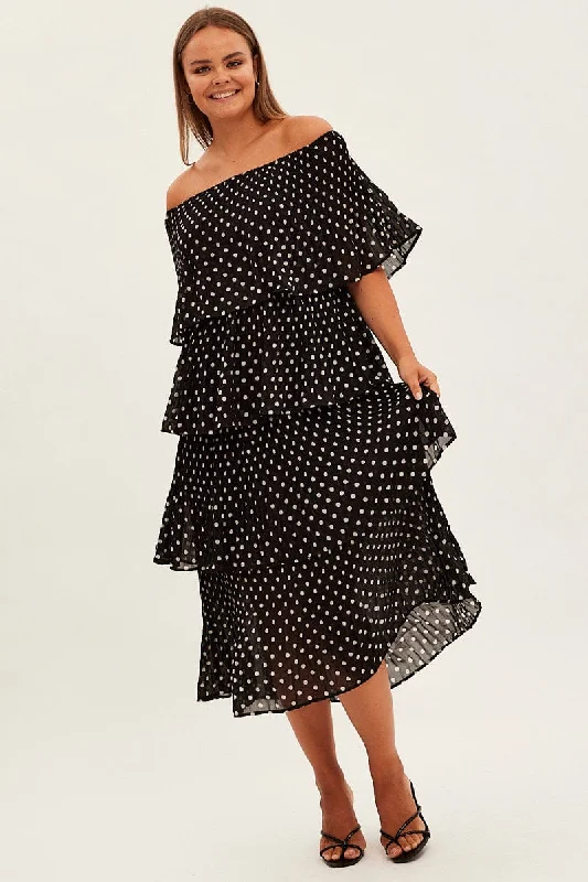 Unleash Your Style Black Polka Dot Midi Dress Off Shoulder Pleated