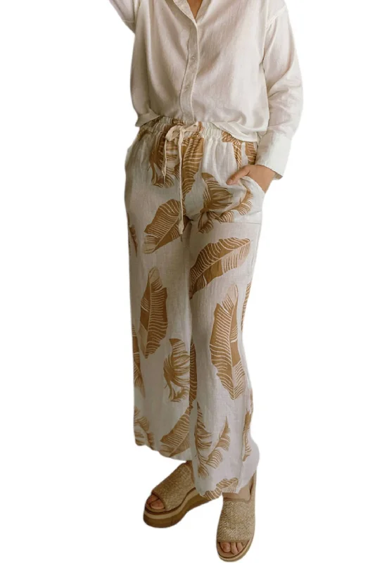 Casual Yet Stylish Separates Palm Print Linen Pants In Beige