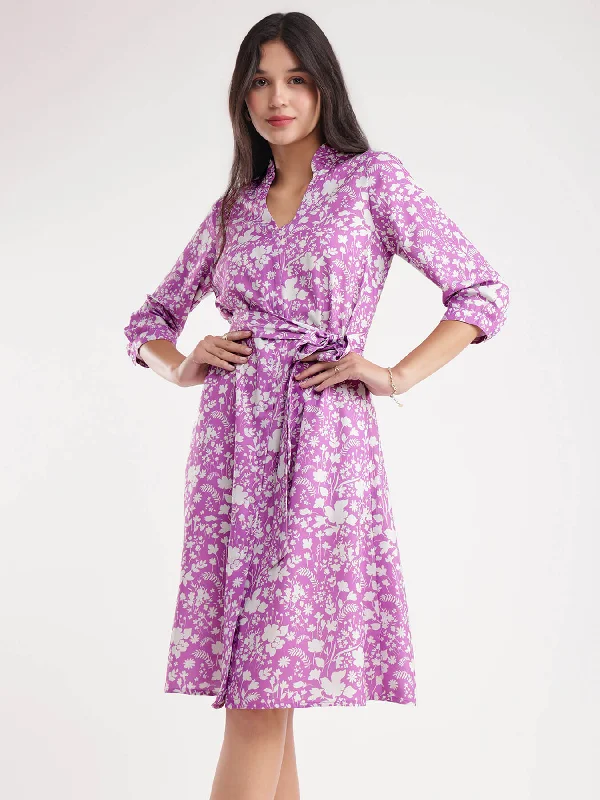 High End Women's Wear Floral Print Dress - Lilac