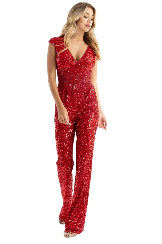 Online Boutiques Clothing Primavera Couture 3775 Size 2, 6 Red Sequined Jumpsuit Beaded Waist and Hips Cap Sleeves