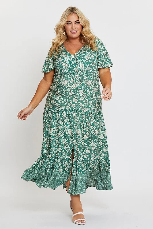 Chic Outfits Boho Print Midi Dress V-neck Short Sleeve